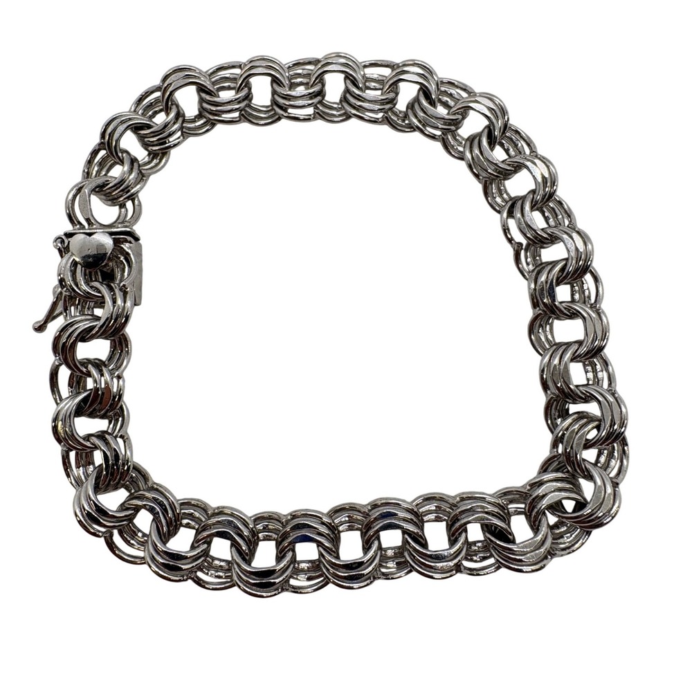 Elco Vintage Sterling Silver Double Link Charm Bracelet 7in 14.79g Heart Clasp